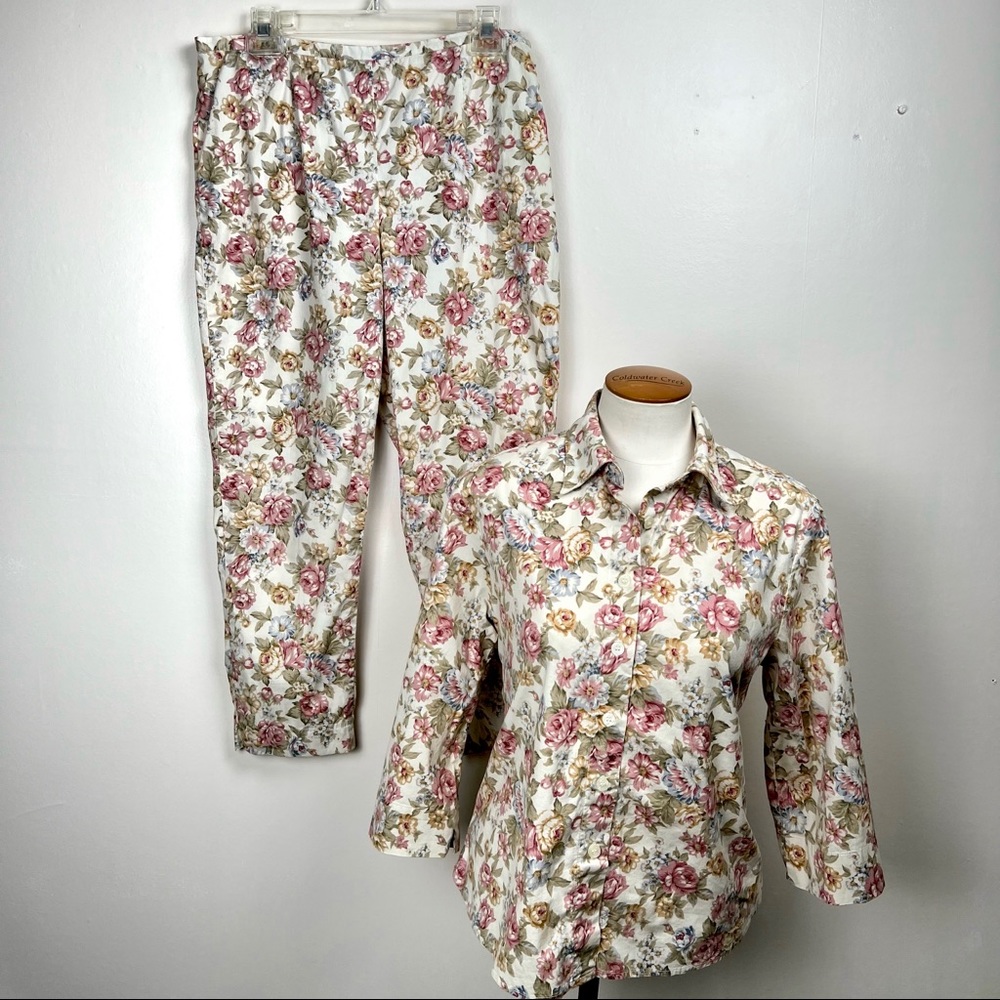 90s Vintage 2-Piece Floral Top and Pants Matching Set Evan Picone Size 14